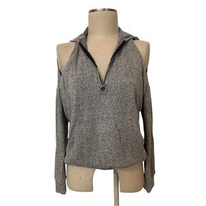 Heather Gray Hacci Off-the-Shoulder Sweater with Zip-Front & Kangaroo Pocket